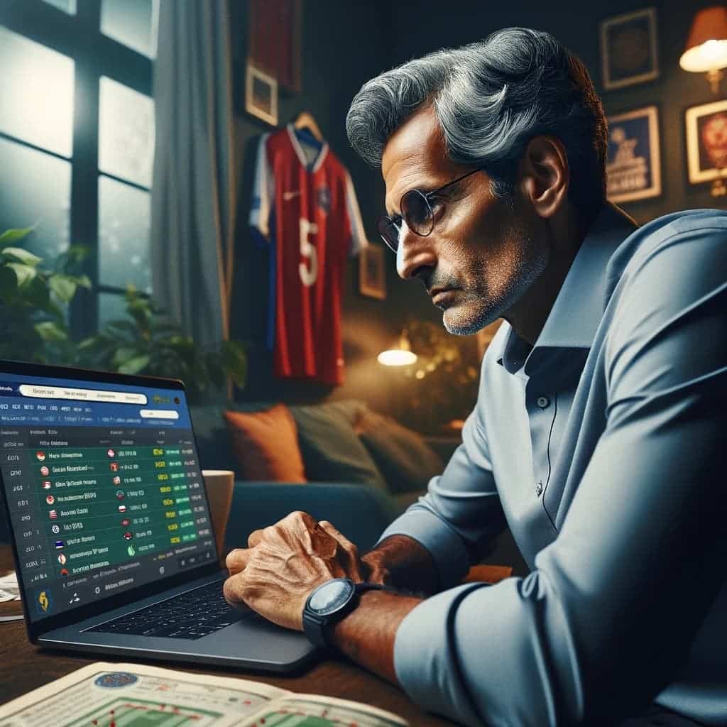 An experienced sports bettor from India, in his late 40s, is seated at a desk focusing on his laptop which prominently displays the text 'Euro 2024' a