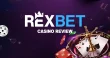 Rexbet casino review banner with the Rexbet logo, roulette wheel, dice, poker cards and floating chips on a purple casino-themed background