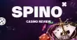 Spino casino review banner with roulette wheel, playing cards, dice and poker chips on a purple casino-themed background.